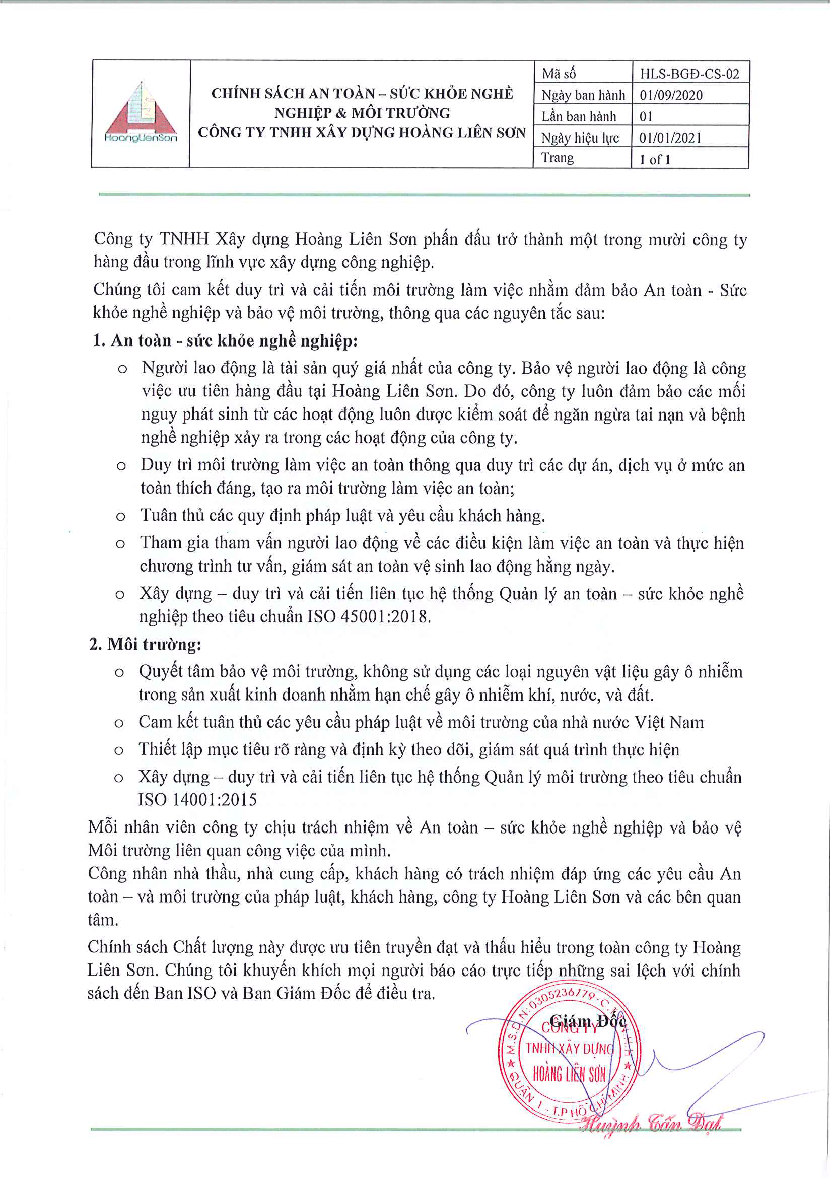 Chính sách Sức khỏe An toàn Môi trường
